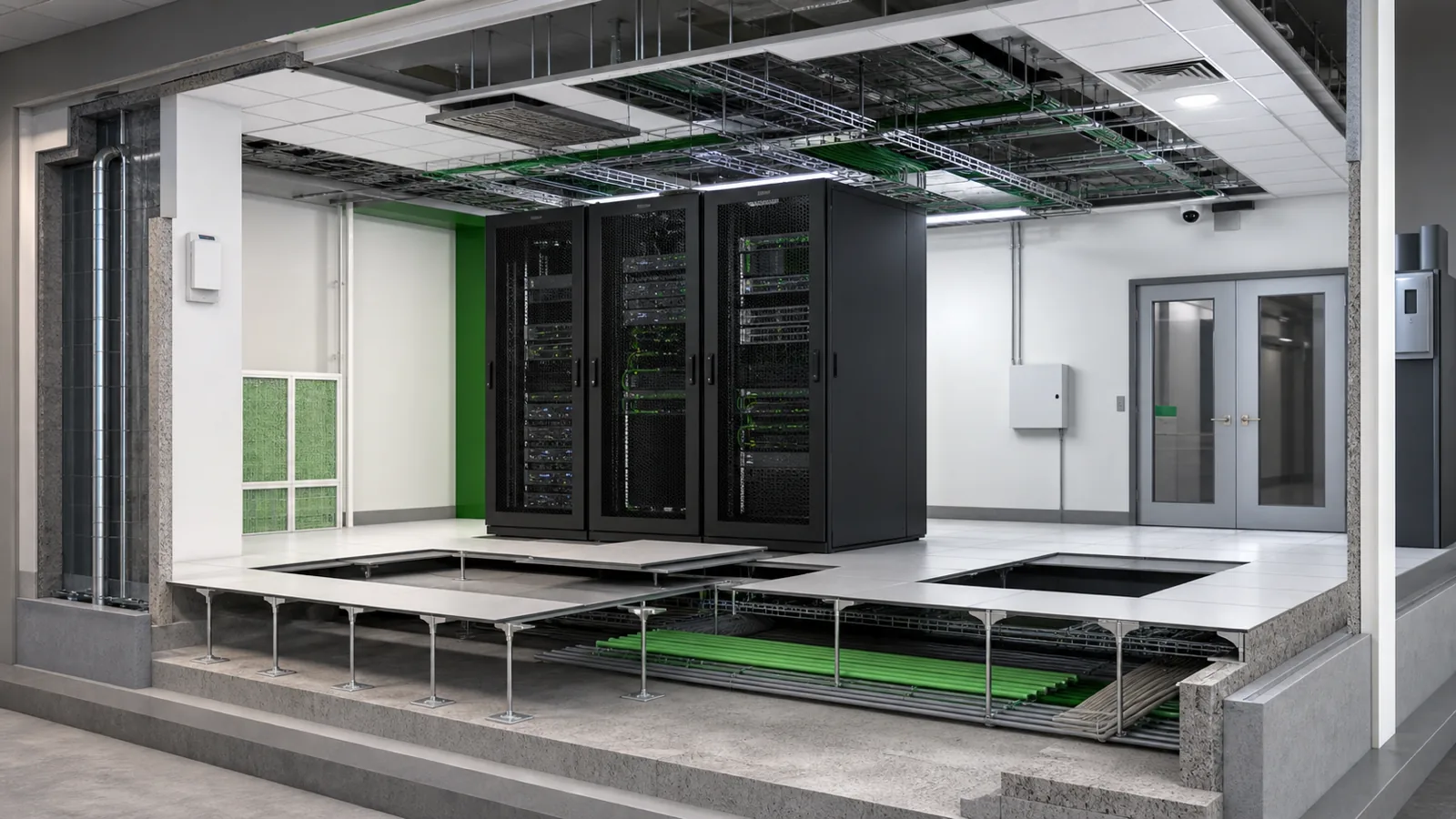 Corte de un centro de datos con plafón, charolas, racks, piso técnico y plenum