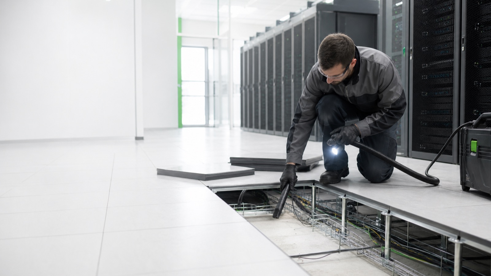Técnico realizando descontaminación bajo piso técnico de un centro de datos