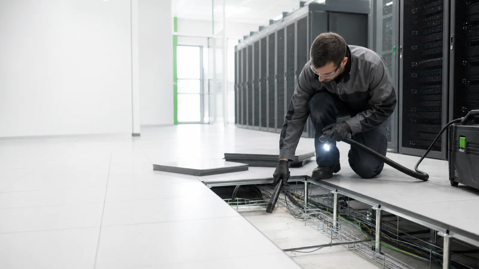 Técnico realizando descontaminación bajo piso técnico de un centro de datos