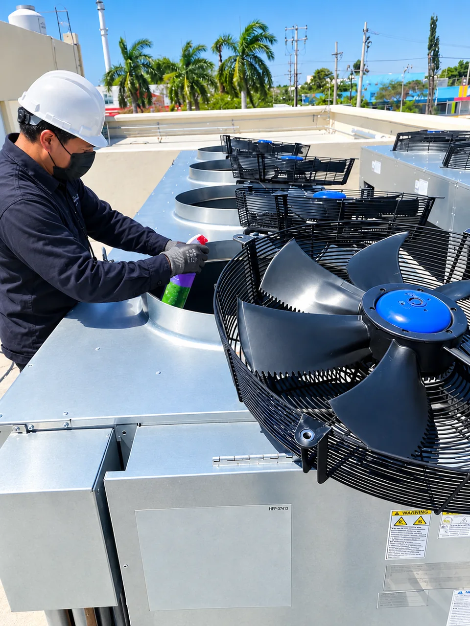 Técnico dando mantenimiento a ventiladores de unidades exteriores de climatización