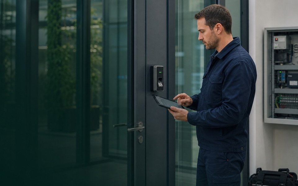 Técnico verificando un lector biométrico de control de acceso empresarial