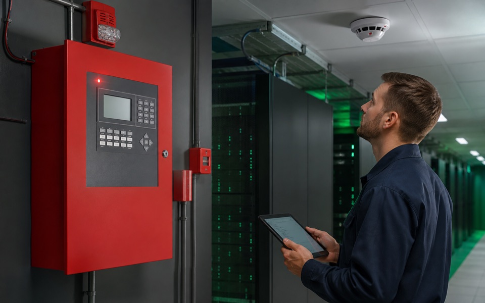 Técnico inspeccionando un panel y detector de incendio en una instalación crítica
