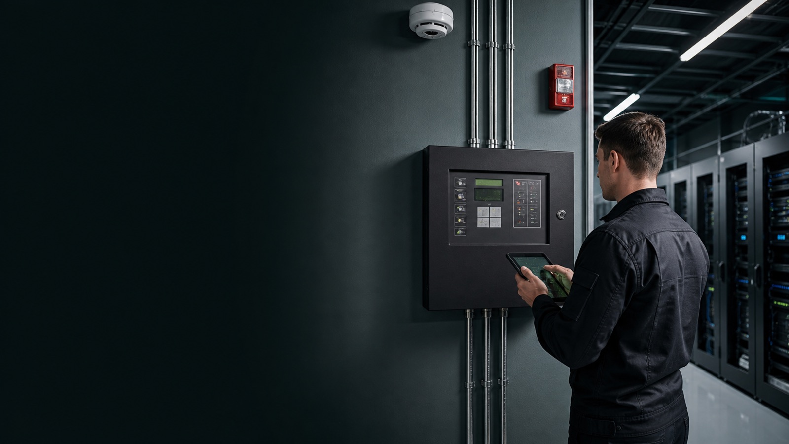 Técnico revisando un panel de detección de incendio en infraestructura crítica