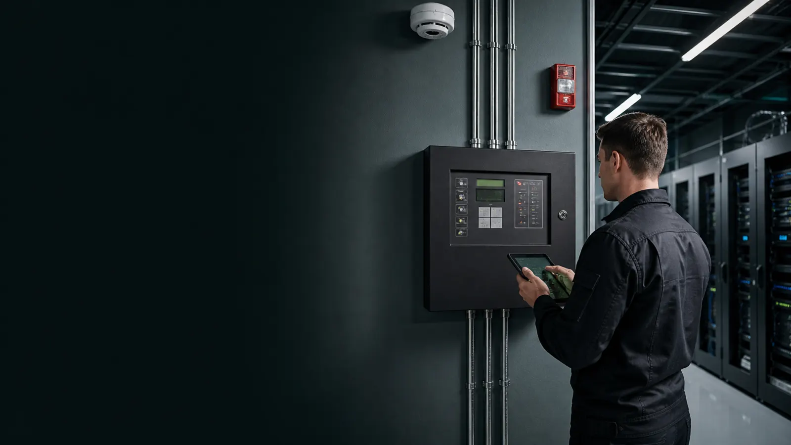Técnico revisando un panel de detección de incendio