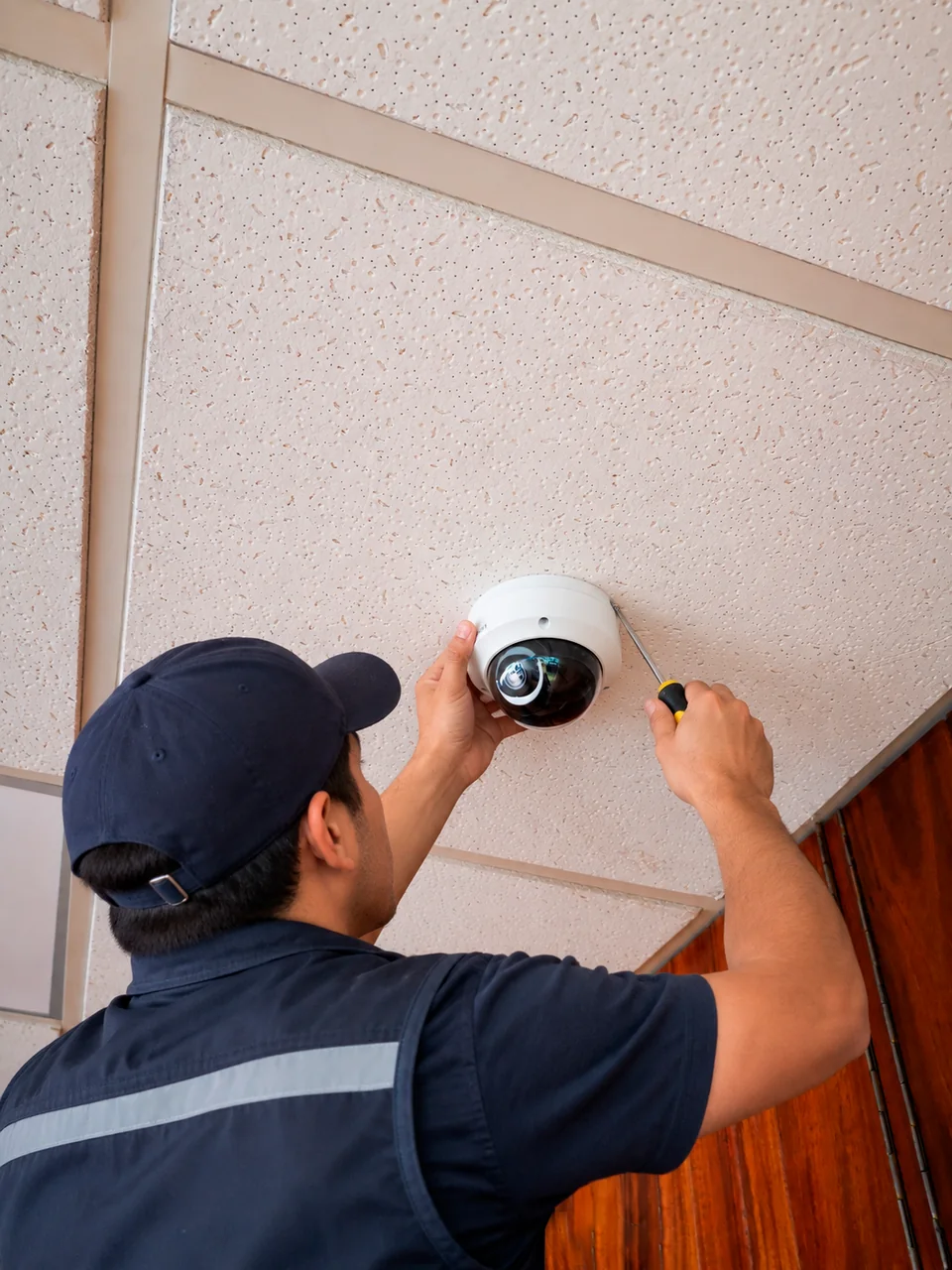 Técnico ajustando una cámara domo de videovigilancia instalada en el techo