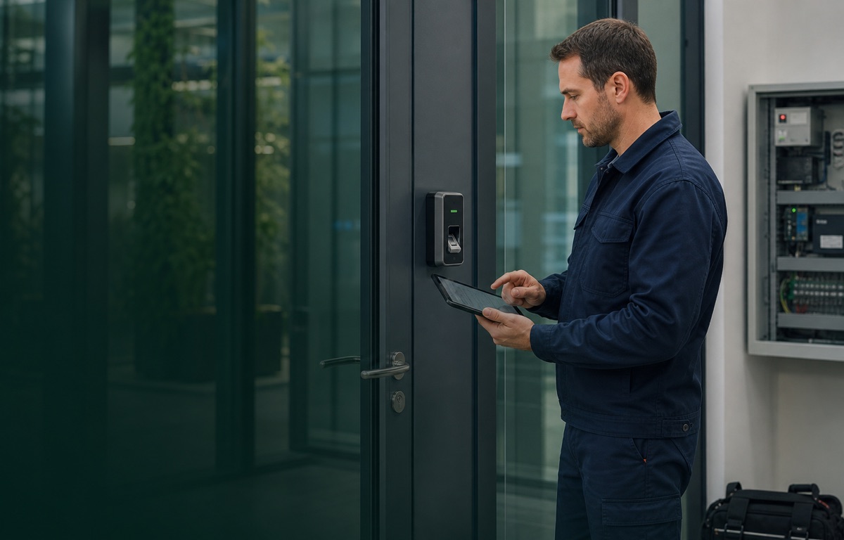 Técnico verificando un lector biométrico de control de acceso empresarial
