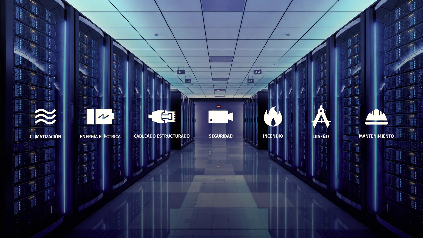 Infraestructura tecnológica en un centro de datos con climatización, energía eléctrica, cableado, seguridad, protección contra incendio, diseño y mantenimiento