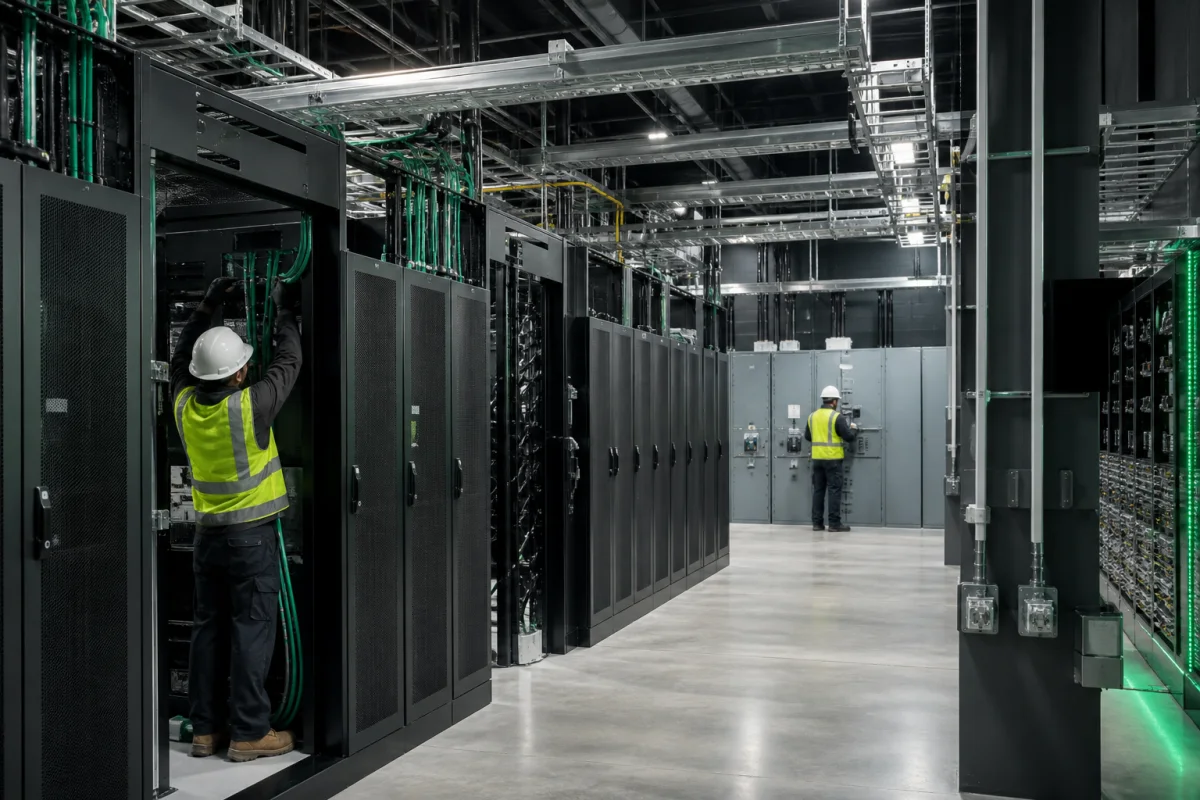 Implementación coordinada de racks, cableado e infraestructura eléctrica en una sala técnica