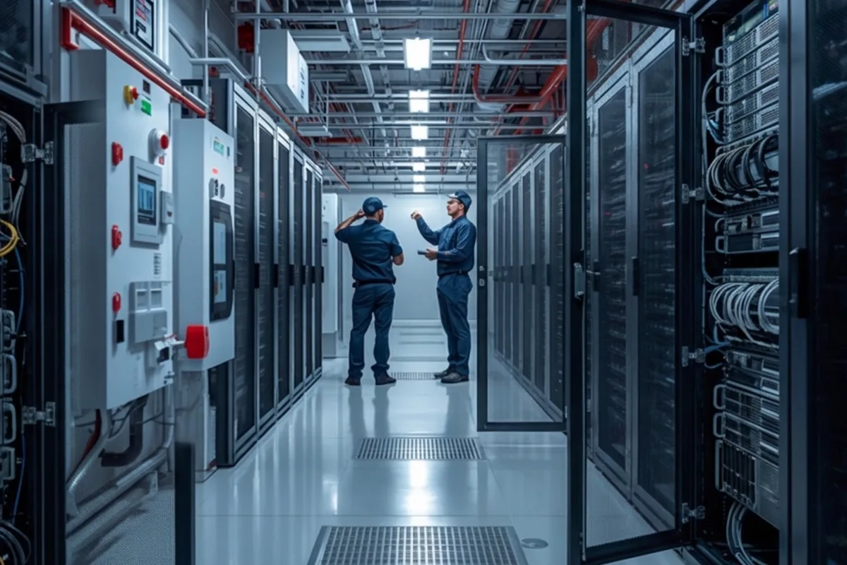 Técnicos coordinando la construcción e implementación de infraestructura tecnológica en un centro de datos