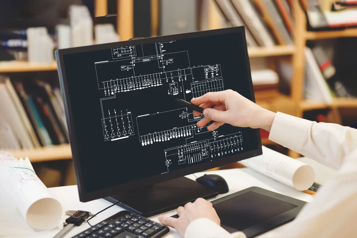 Especialista revisando planos eléctricos para el diseño e ingeniería de infraestructura tecnológica